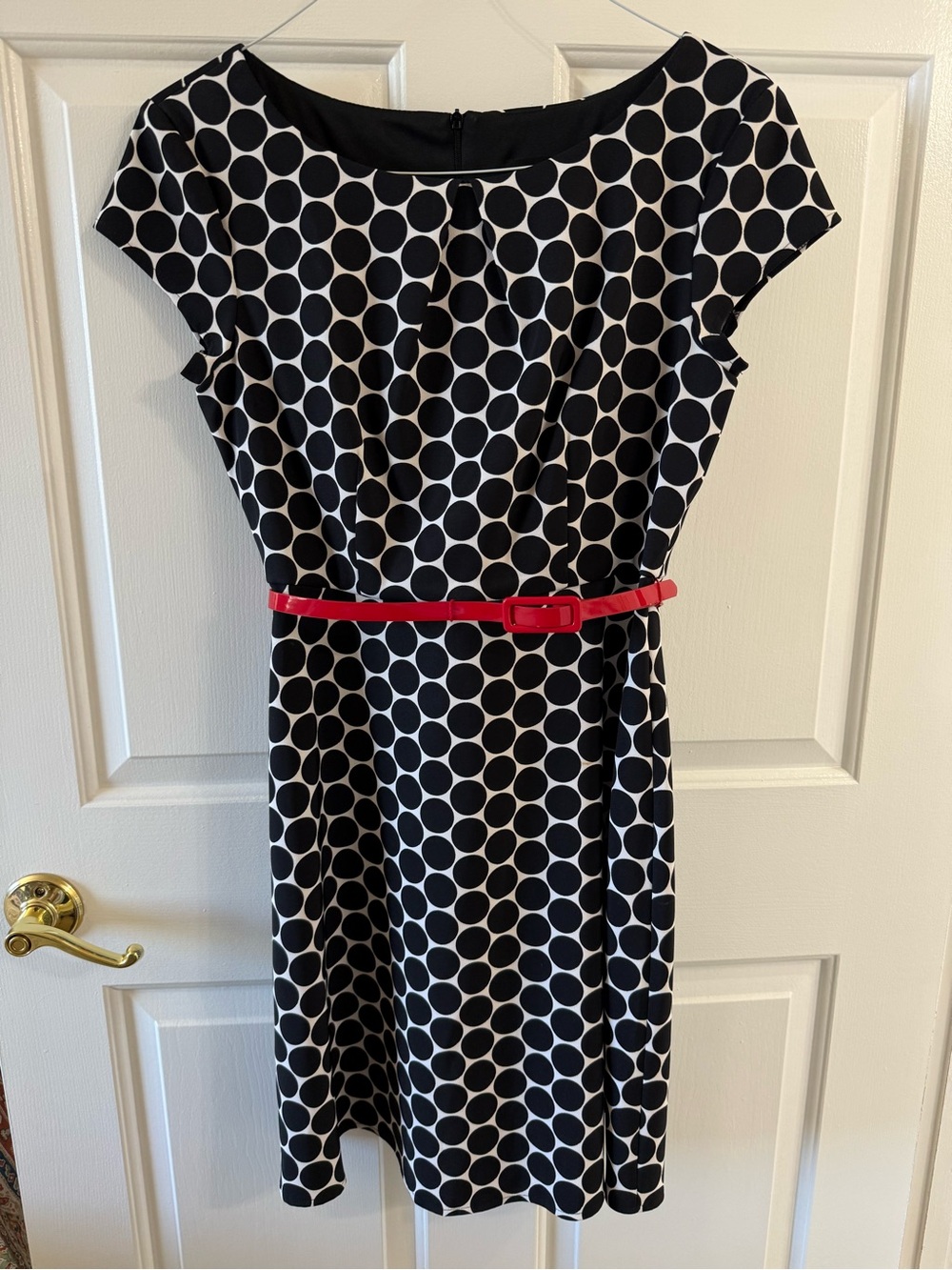 connected apparel Black and White Polka Dot Dress with Red Belt